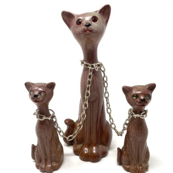Vintage MCM Cat Family Figurines – Mother & 2 Kittens with Rhinestone Eyes - Picture 1 of 7